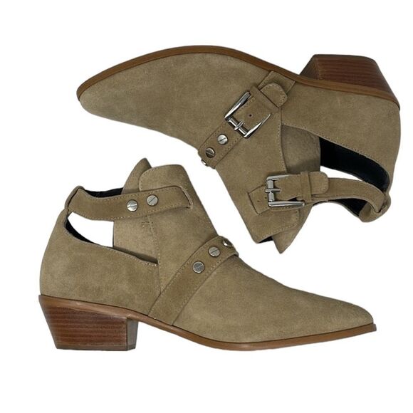 Rebecca Minkoff Abigail Taupe Suede Studded Buckle Ankle Booties Women’s US 9.5 - Picture 1 of 8